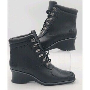 NWOB New Timberland Hill Women’s 6M Black Leather Upper Wedge Ankle Boots #19346